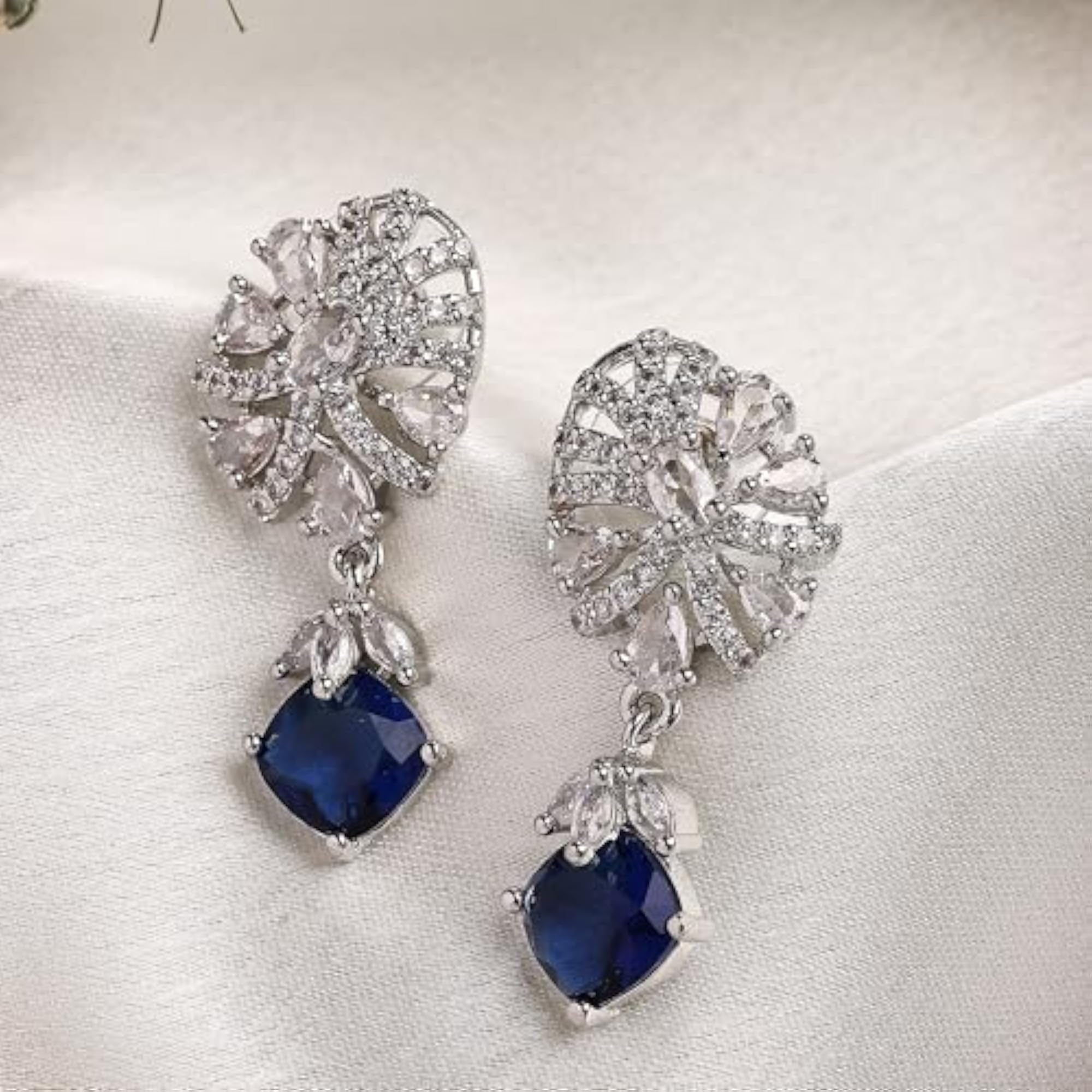 Women's Rhodium Plated Leaf Shaped American Diamond Studded Drop Earrings